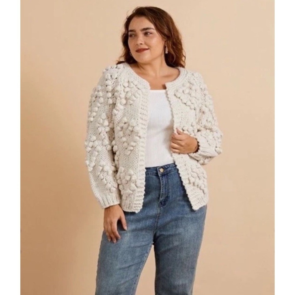 CHICWISH Knit Your Love Open Front Ivory‎ Cardigan Sweater Handmade Heart Sz S M